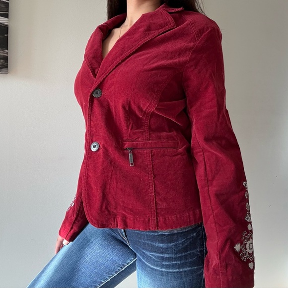 Y2K Red Velvet Embroidered Jacket Indie Fairy Grunge Cropped Blazer - Picture 6 of 10
